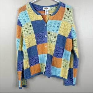 Vintage Talbots 100% Cotton Patchwork Knit Sweater Cardigan Womens L Made in USA